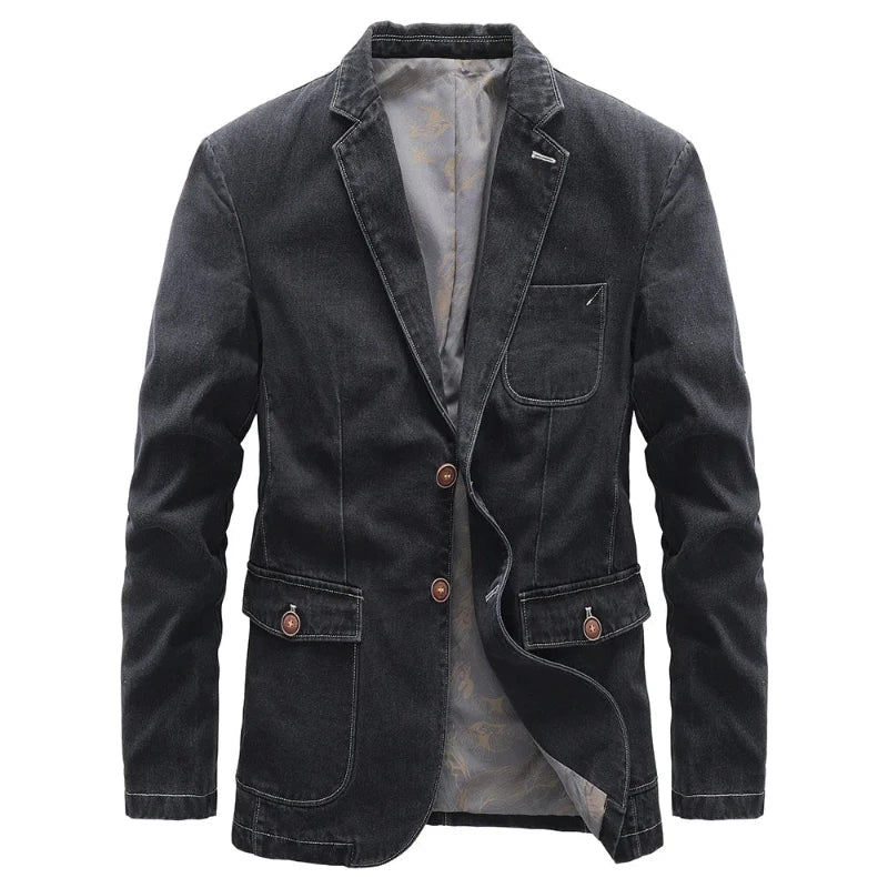 Classic Dark-Wash Denim Jacket for Women with Vintage Wooden Buttons and Tailored Fit 1