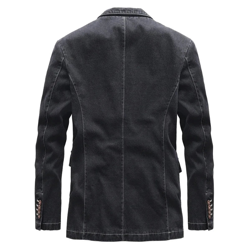 Classic Dark-Wash Denim Jacket for Women with Vintage Wooden Buttons and Tailored Fit 2