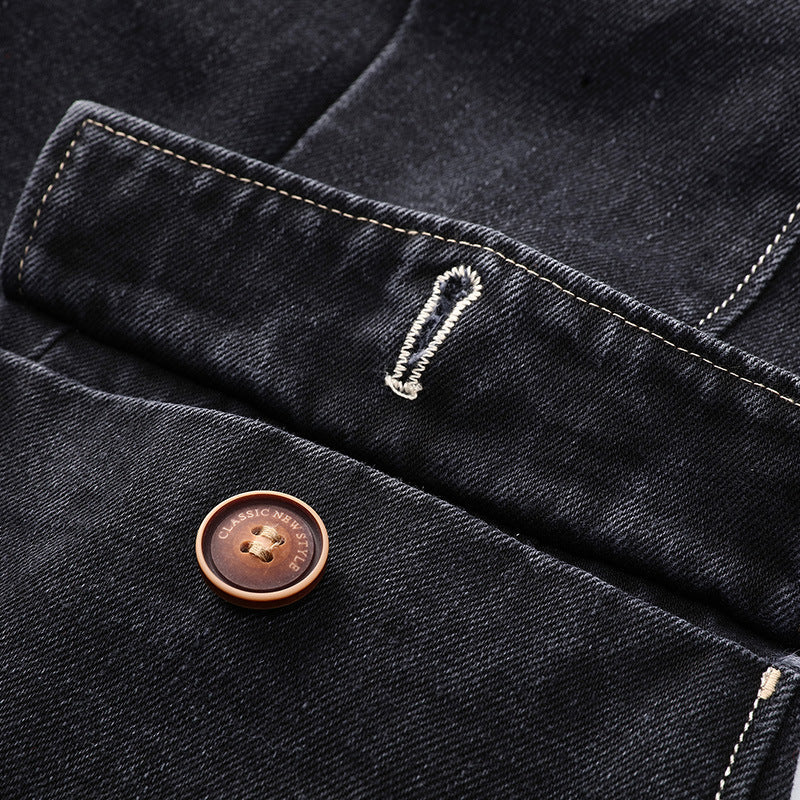 Classic Dark-Wash Denim Jacket for Women with Vintage Wooden Buttons and Tailored Fit 7