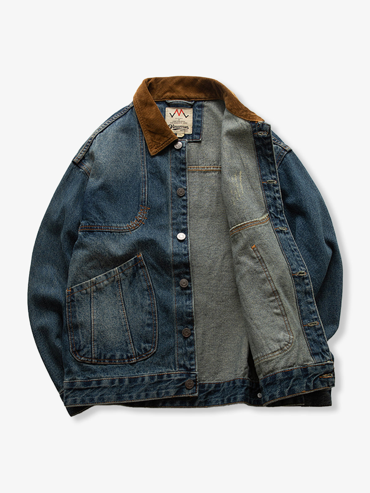 Corduroy Collar Scratch & Washed Denim Work Jacket 2