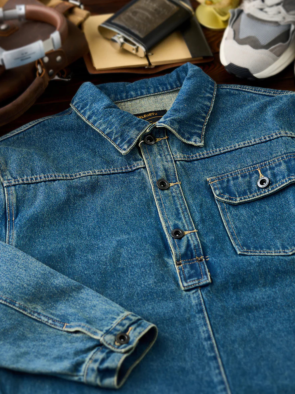 Half Button Washed Denim Work Jacket 3