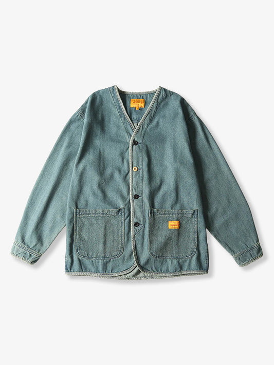 Button Washed Collarless Denim Jacket 0
