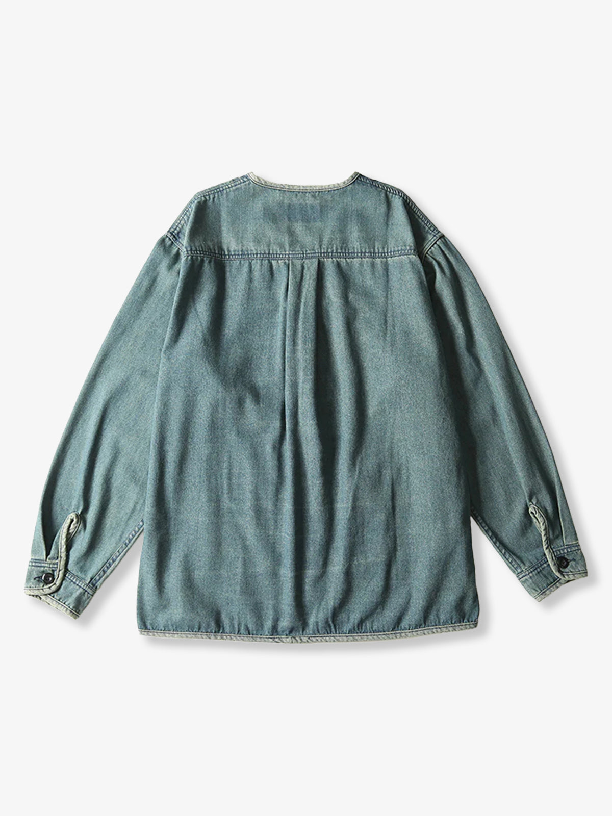 Button Washed Collarless Denim Jacket 1