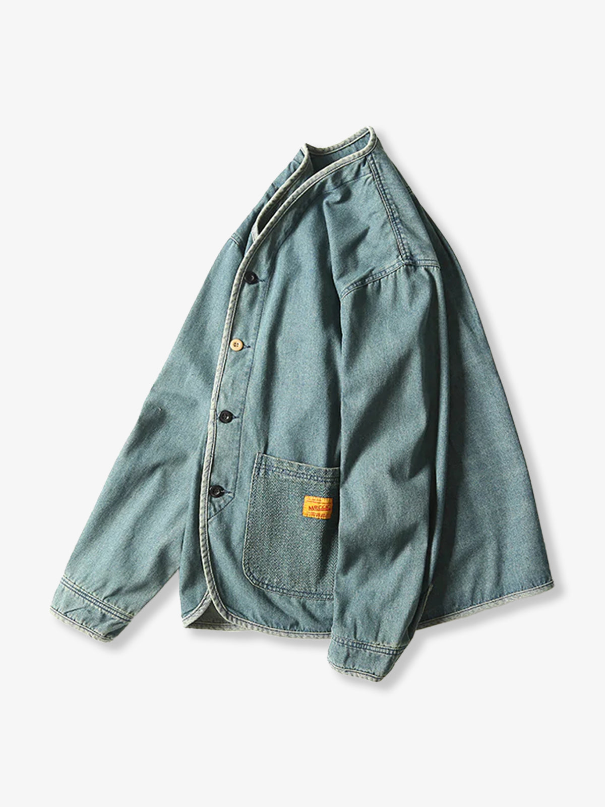 Button Washed Collarless Denim Jacket 2