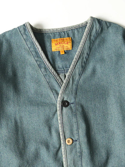 Button Washed Collarless Denim Jacket 3
