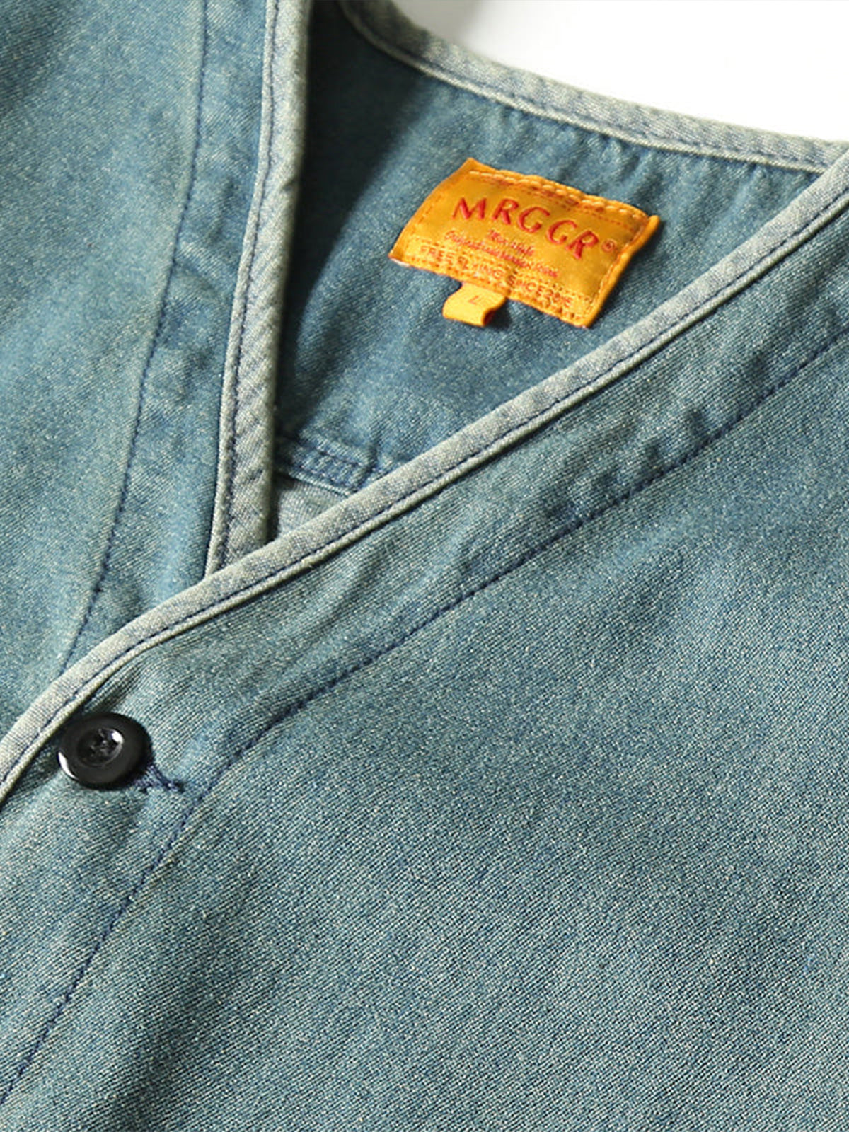 Button Washed Collarless Denim Jacket 4