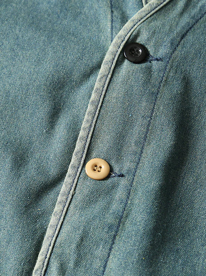 Button Washed Collarless Denim Jacket 5