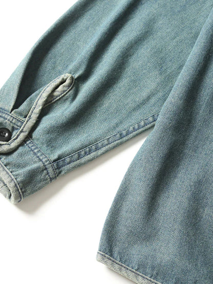 Button Washed Collarless Denim Jacket 6