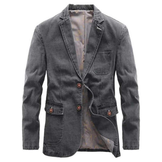 Classic Dark-Wash Denim Jacket for Women with Vintage Wooden Buttons and Tailored Fit 0