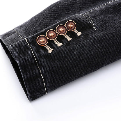 Classic Dark-Wash Denim Jacket for Women with Vintage Wooden Buttons and Tailored Fit 5