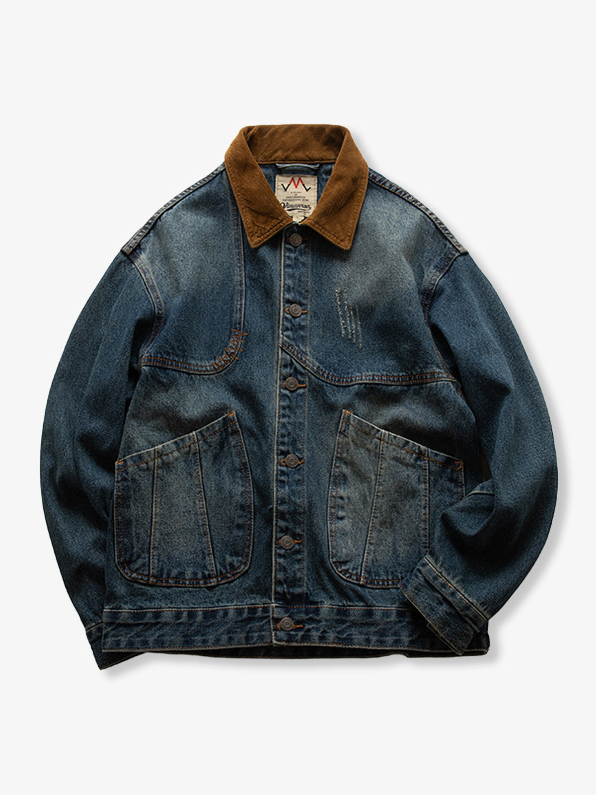 Corduroy Collar Scratch & Washed Denim Work Jacket 0