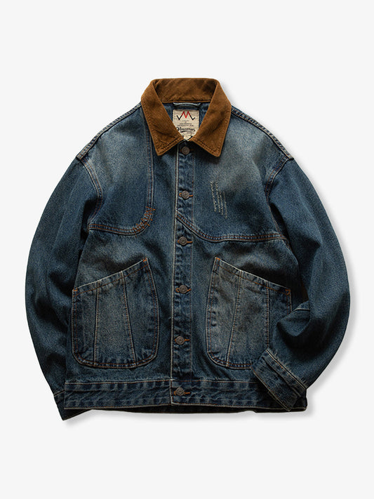 Corduroy Collar Scratch & Washed Denim Work Jacket 0