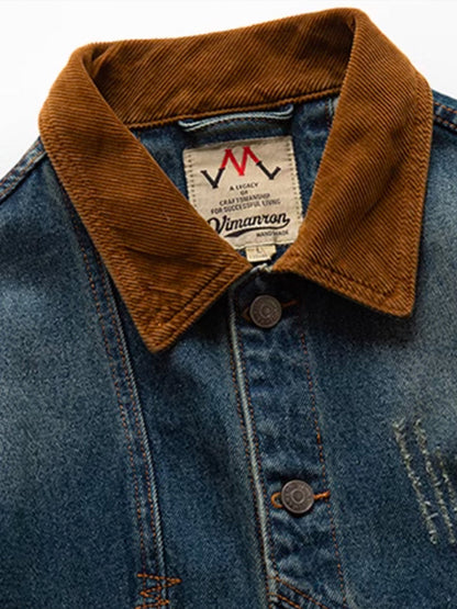 Corduroy Collar Scratch & Washed Denim Work Jacket 3
