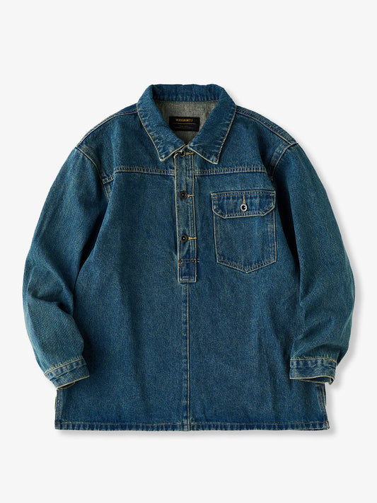 Half Button Washed Denim Work Jacket 0