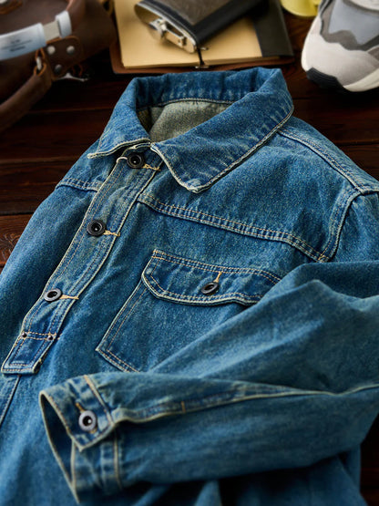 Half Button Washed Denim Work Jacket 4
